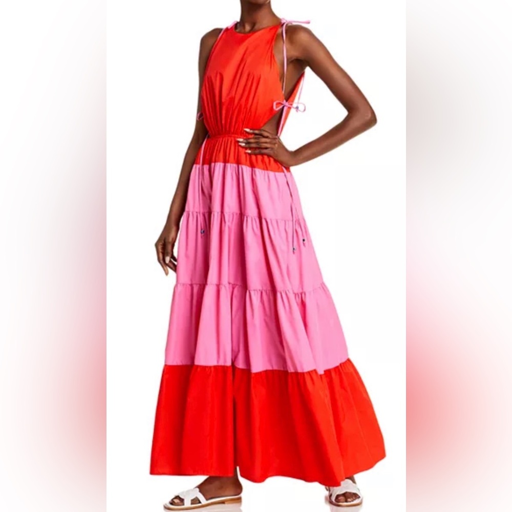 Staud Minerva Tiered Maxi Dress Cutout Pink Red Colorblock Size S  $325